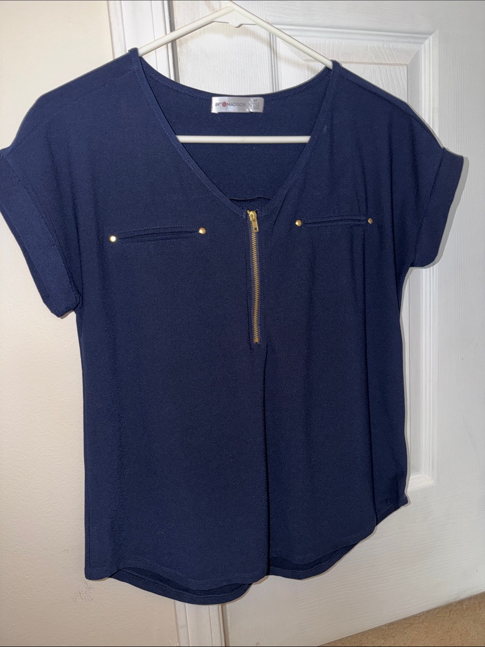 Madison Navy Short Sleeve V-Neck Blouse with Gold Zip
